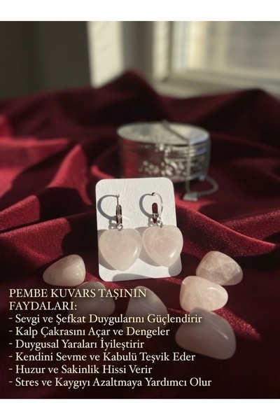 Meneva Aksesuar Pembe Kuvars Doğal Taş Kalp Küpe