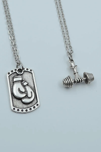 ıdr 2'li Boks Eldiveni Künye Dambıl Halter Gümüş Kaplama Kolye Seti