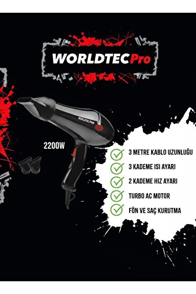 Worldtec Wt-5500Pro 2200 W Turbo Professional Hairdresser Blow Dryer & Hair D...