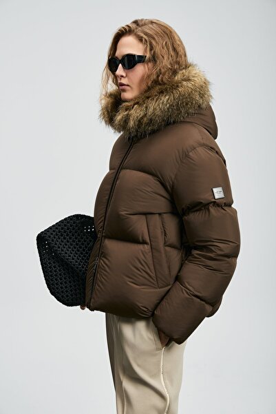 Lufian 122120052 معطف نسائي من ريش الغراب بلون بني