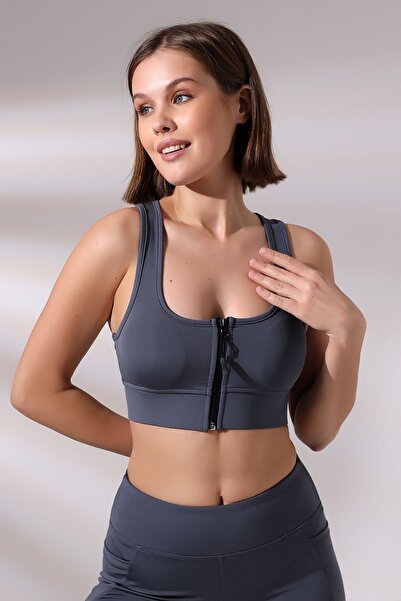 EMFURE Füme Pedli Fermuarlı Spor Büstiyer - Sports Bra / Crop Destekli Spor S...