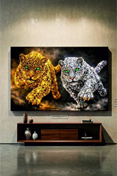 LucitART Tablou pe pânză cu leopard auriu și argintiu - Decor modern de peret...