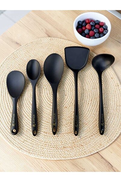 elfnur 5 Parça Isıya Dayanıklı Yanmaz Yapışmaz Silikon Kepçe Spatula Kaşık Se...