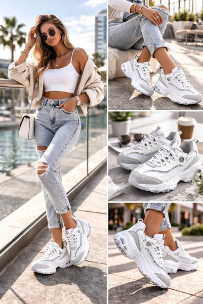 Ayakkabı Vakti Women's White Thick Sole Glittery Detailed Casual Sneakers Sports Shoes
