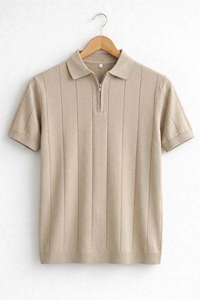 Edwox Men's Polo Neck Striped Knitwear T-Shirt Mink Cd171