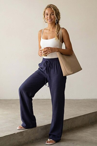 Madmext Γυναικείο παντελόνι με φαρδύ μπλέ μπλέ μουσελίν MG1980