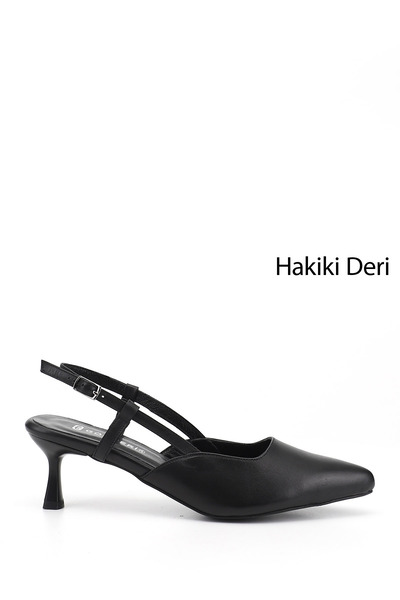 GÖNDERİ(R) Women's Black Thin Heeled Open-Back Genuine Leather Shoes