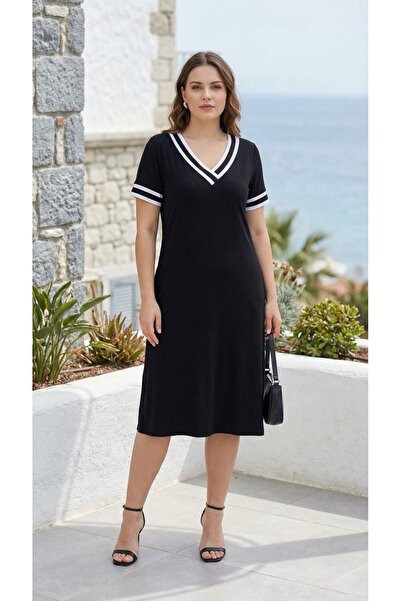 JANES Γυναικείο κοντό μανίκι με λαιμόκοψη με λεπτομέρεια Midi Viscose Φόρεμα