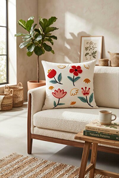 verra home غطاء وسادة مزخرف بنقشة زهور مطرزة - قماش أبيض منقوش مقاس 45x45 - س...