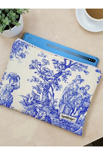 Ayza Stüdyo Toile De Jouy Mavi Desenli Tablet Kılıfı 10-12 inç iPad Uyumlu Fe...
