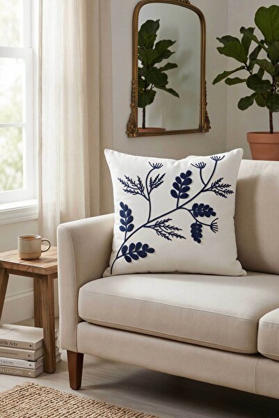 verra home غطاء وسادة مزخرف بنقش أوراق الشجر - قماش أبيض منقوش مقاس 45x45 - س...