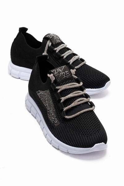 CCWAY AYAKKABI Tricotaje de damă Pantofi cu șireturi cu pietre ALB NEGRU
