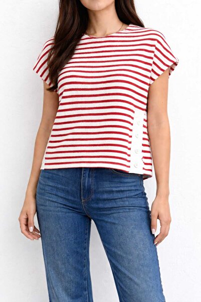 Benedetto Νέα σεζόν Γυναικεία λεπτή καλοκαιρινή πλεκτή μπλούζα με ριγέ λαιμόκ...