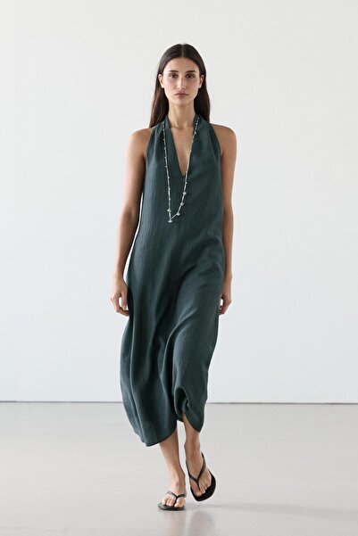 Massimo Dutti V yaka keten midi elbise
