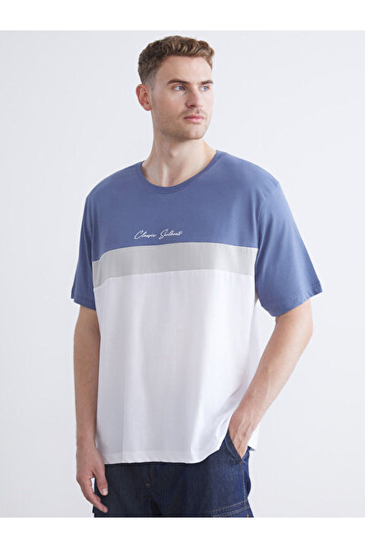 LC Waikiki Ανδρικό μπλουζάκι Indigo Crew Neck Color Block από χτενισμένο βαμβάκι