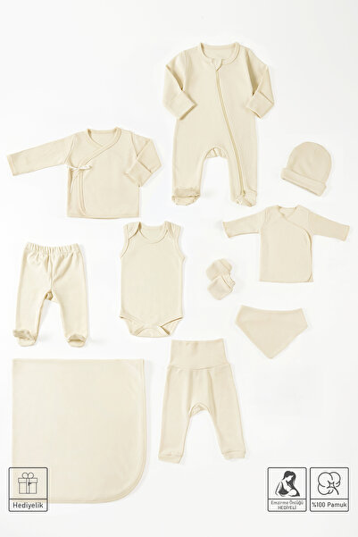 MAMA PADRE Eva Krem Renk Yenidoğan Organik Hastane Çıkış Seti 10 Parça + Emzi...