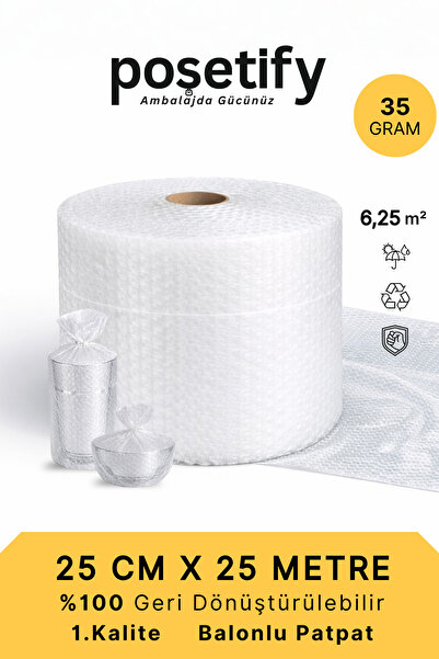 POŞETİFY 25cm x 25 m Balonlu Naylon Patpat | 1. sınıf | 3 Katlı | 6,25 m2 | 3...