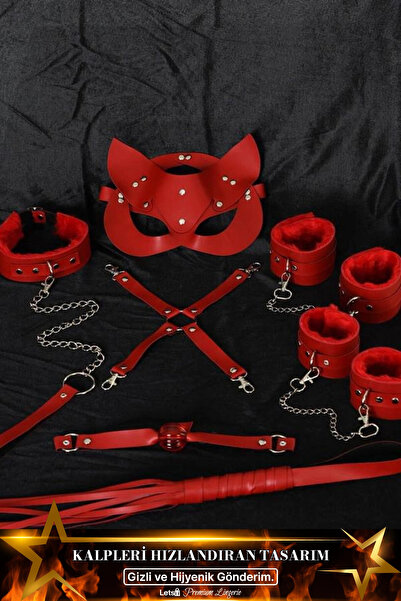 Kırmızı İçi Tüylü Maske,Kol,Bacak,Ağız Topu,Kırbaç,Tasma Harness Set