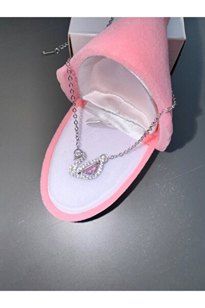 shop PEMBE GÜMÜŞ ZİNCİRLİ KUĞU KOLYE ÇELİK
