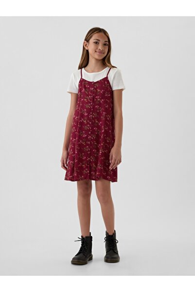 GAP Kız Çocuk Kırmızı Çiçek Desenli Düğmeli Slip Elbise