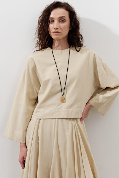 Manuka ΒΑΜΒΑΚΙ CROP ΜΑΚΡΥΜΑΝΙΚΗ ΜΠΛΟΥΖΑ ΠΑΣΤΕΛ ΚΙΤΡΙΝΗ