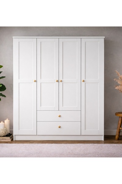 Noiss SPRİNG 4 KAPAKLI GARDIROP - MAT BEYAZ - ÇEKMECELİ - RAFLI - BOYALI KAPAK