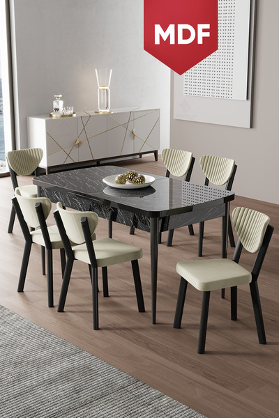 Canisa Exve Serisi 80x132 MDF Açılabilir Siyah Mermer Desen Masa Takımı ve 6 ...