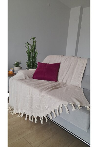 MKAtölyem Cotton Woven Beige Sofa Cover & Pique