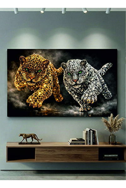 LucitART Tablou pe pânză cu leopard auriu și argintiu - Decor modern de peret...