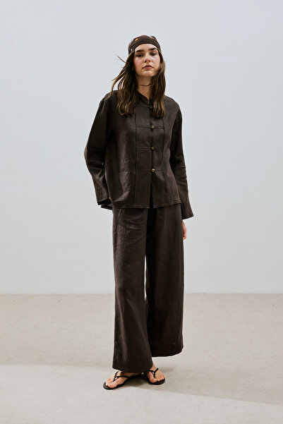 Manuka Λινό πουκάμισο με κουμπιά μπροστά Bitter Brown