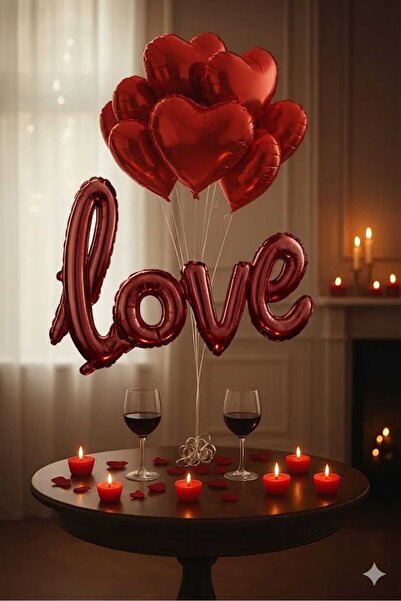 Baloncu Demmo 5 li Kırmızı Kalp ve 1 Adet Love Folyo Balon, Mum, Rafya, Balon...
