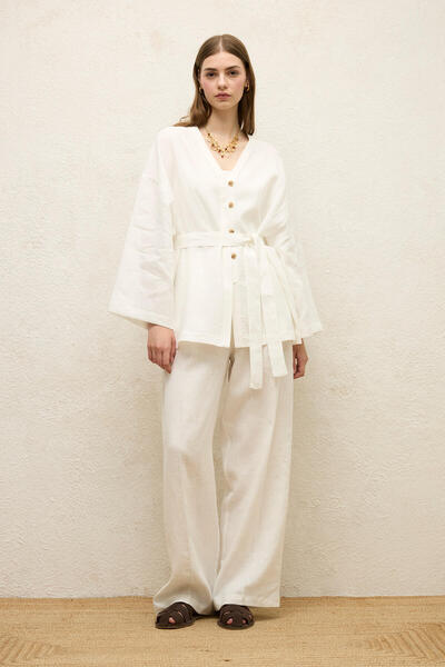 Manuka Πουκάμισο εκρού λινό - με κουμπιά