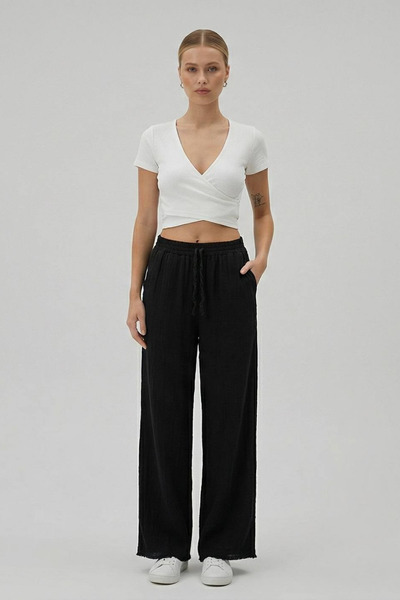DIANNA Kadın Beli Lastikli Wide Leg Müslin Pantolon %100 Pamuk Geniş Bol Paça...