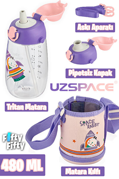 Uzspace Children's Covered Tritan Water Bottle with 2 Separated Lids and Stra...