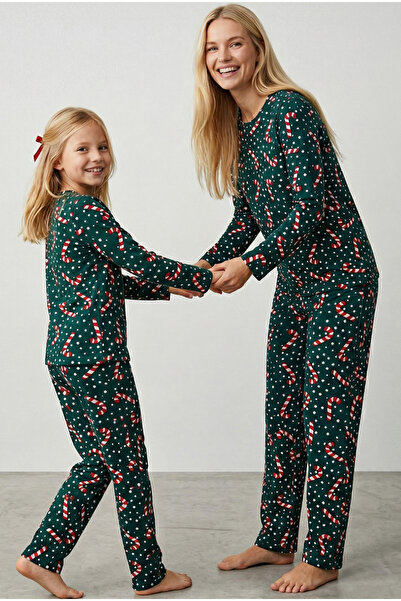 Siyah İnci πράσινο 100% βαμβακερό σετ πιτζάμες με πλεκτό σχέδιο με καραμέλα μ...