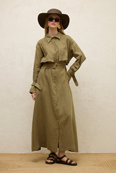Manuka Khakifarbenes Trench-Kleid aus Leinen
