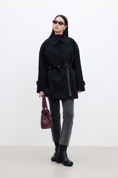 Manuka Μαύρο παλτό Trench με διπλό στήθος - MARİ