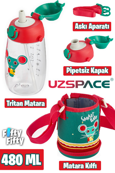 Uzspace 480ml Tritan Children's Water Bottle with Case and 2 Separate Lids - ...