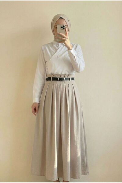 MİHRA STORE Φούστα Luna με πιέτες και ζώνη Modal-BN4610.4644 Πέτρα