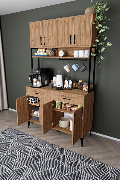 DEKORFİM DF14104AC Kahve Köşesi Mutfak Dolabı Coffee Bar Standı Raflı Kapaklı Çekmeceli Çok Amaçlı Konsol