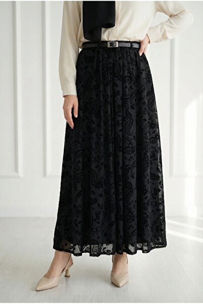 MİHRA STORE Φούστα με σχέδιο σάλι και ζώνη Şahabe-EK752.3 Μαύρο