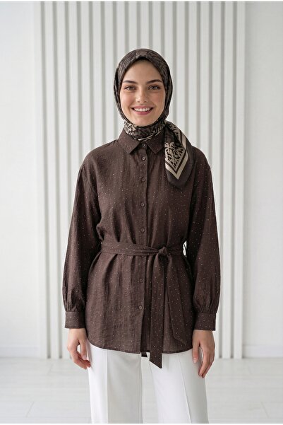 MİHRA STORE Πουκάμισο Nihan Ful Taşlı με κορδόνι και σχέδιο φράουλας-NA846 Καφέ