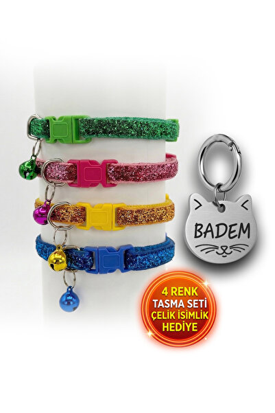 dekoliva 4 RENK KEDİ TASMASI SETİ ÇELİK İSİMLİK HEDİYELİ PATİ DESEN