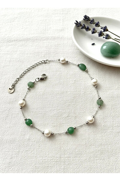 Siya Silver خلخال من الفولاذ مرصع بالحجر الطبيعي واللؤلؤ الأخضر