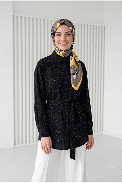 MİHRA STORE Πουκάμισο Nihan Ful Taşlı με κορδόνι και φράουλες-NA846 Μαύρο