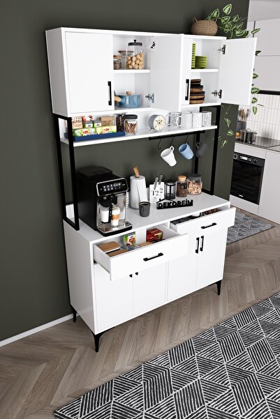 DEKORFİM DF14104B Kahve Köşesi Mutfak Dolabı Coffee Bar Standı Raflı Kapaklı Çekmeceli Çok Amaçlı Konsol