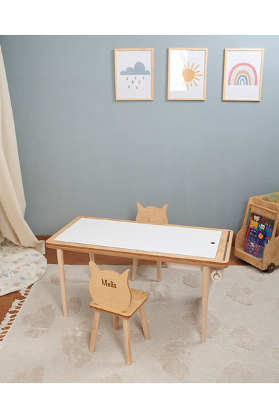 Montessori Çocuk Aktivite Masası Huş Ahşap 3 Sepetli Beyaz/Kara Yazı Tahtalı ve İsimli 2 Sandalyeli