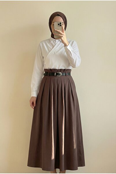 MİHRA STORE Φούστα Luna με πιέτες και ζώνη Modal-BN4610.4644 Ανοιχτό καφέ