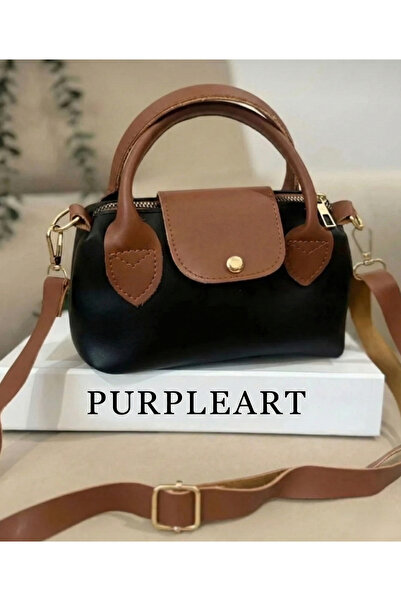 PurpleART Kadın Siyah - Taba Mini El ve Omuz Çantası 13X20CM
