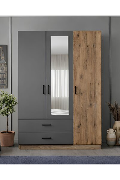 Noiss LATRE 3 KAPAKLI GARDIROP - ANTIK CAM & ANTRASİT - ÇEKMECELİ RAFLI AYNALI